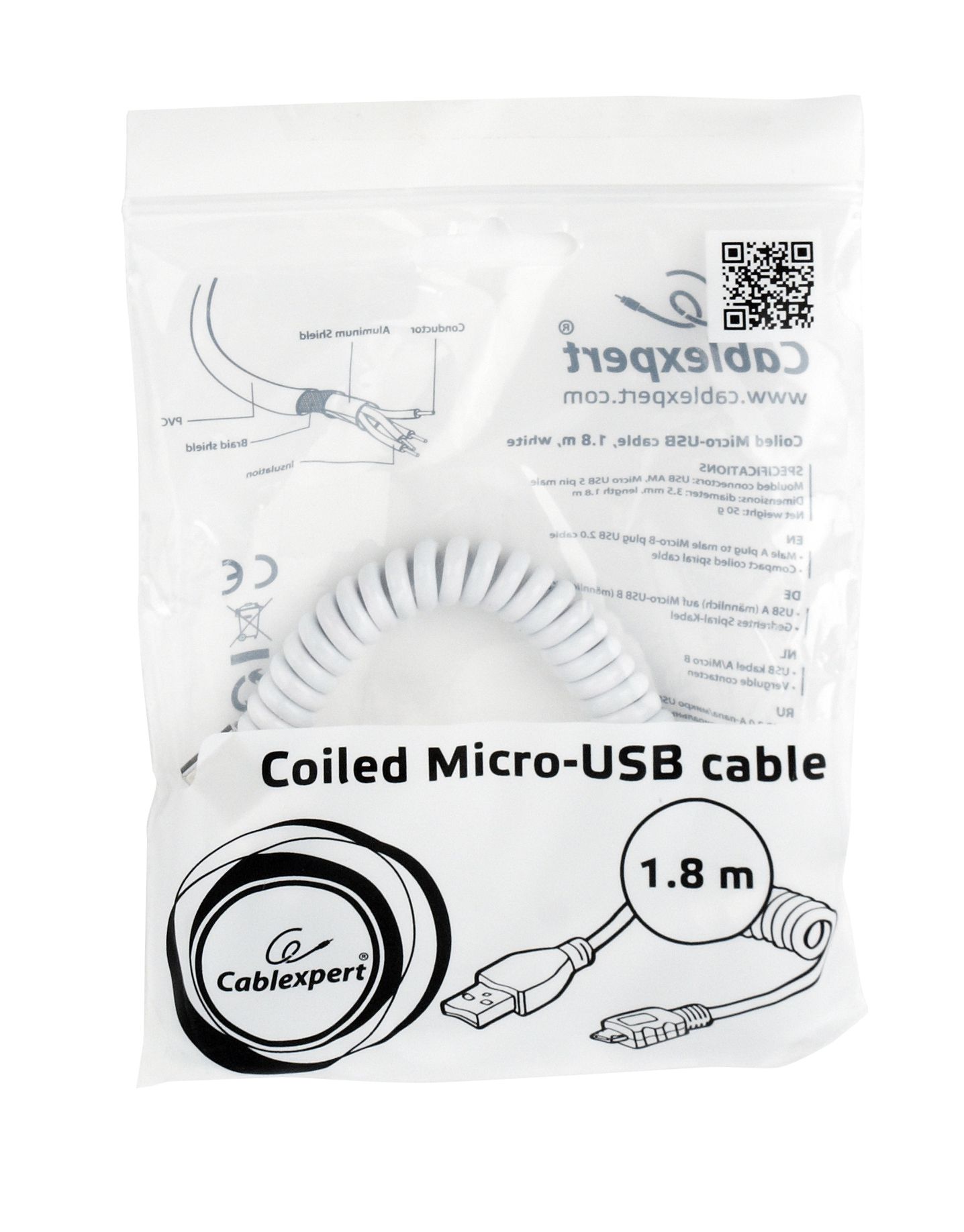 CABLU alimentare si date GEMBIRD, pt. smartphone, USB 2.0 (T) la Micro-USB 2.0 (T), 1.8m, spiralat, conectori auriti, alb, 