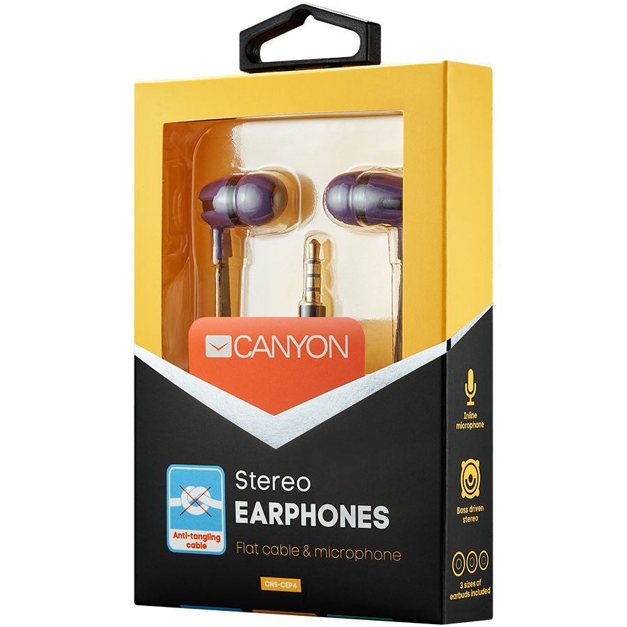 CANYON SEP-4 Stereo earphone with microphone, 1.2m flat cable, Purple, 22*12*12mm, 0.013kg_2