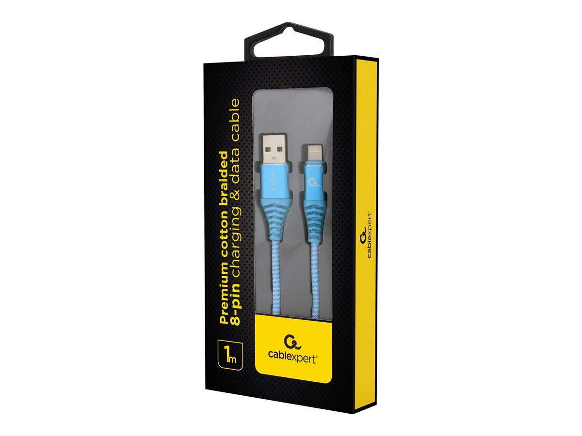 CABLU alimentare si date GEMBIRD, pt. smartphone, USB 2.0 (T) la Lightning (T), 1m, premium, cablu cu impletire din bumbac, albastru cu insertii albe, 