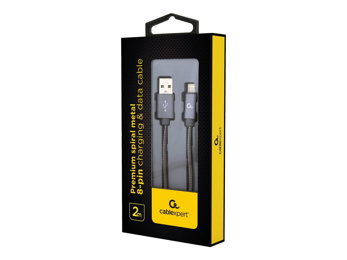CABLU alimentare si date GEMBIRD, pt. smartphone, USB 2.0 (T) la Lightning (T), 2m, premium, cablu cu impletire din bumbac, gri-metalizat cu insertii albe, 