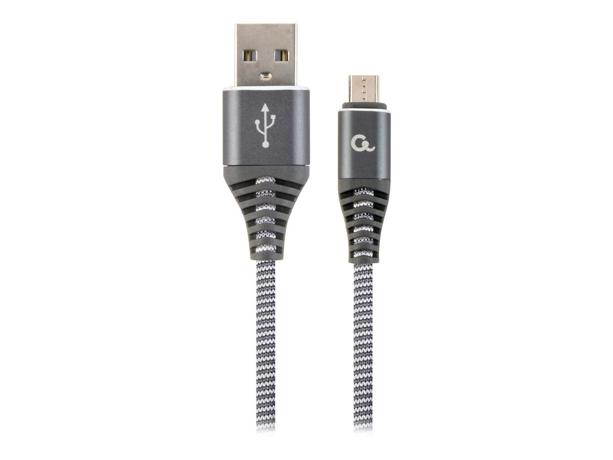 CABLU alimentare si date GEMBIRD, pt. smartphone, USB 2.0 (T) la Micro-USB 2.0 (T), 1m, premium, cablu cu impletire din bumbac, gri-metalizat cu insertii albe, 