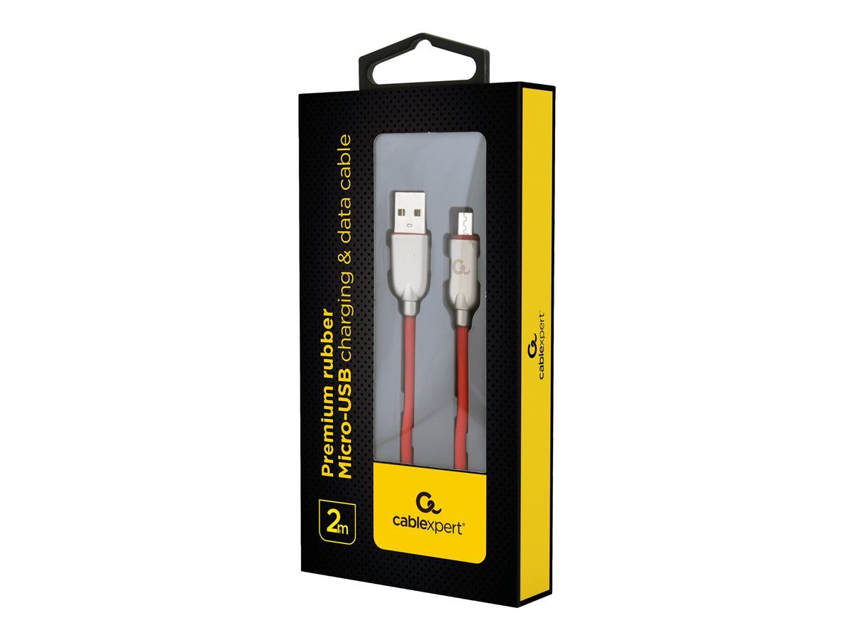 CABLU alimentare si date GEMBIRD, pt. smartphone, USB 2.0 (T) la Micro-USB 2.0 (T), 2m, premium, cablu din cauciuc, rosu, conectori argintii, 