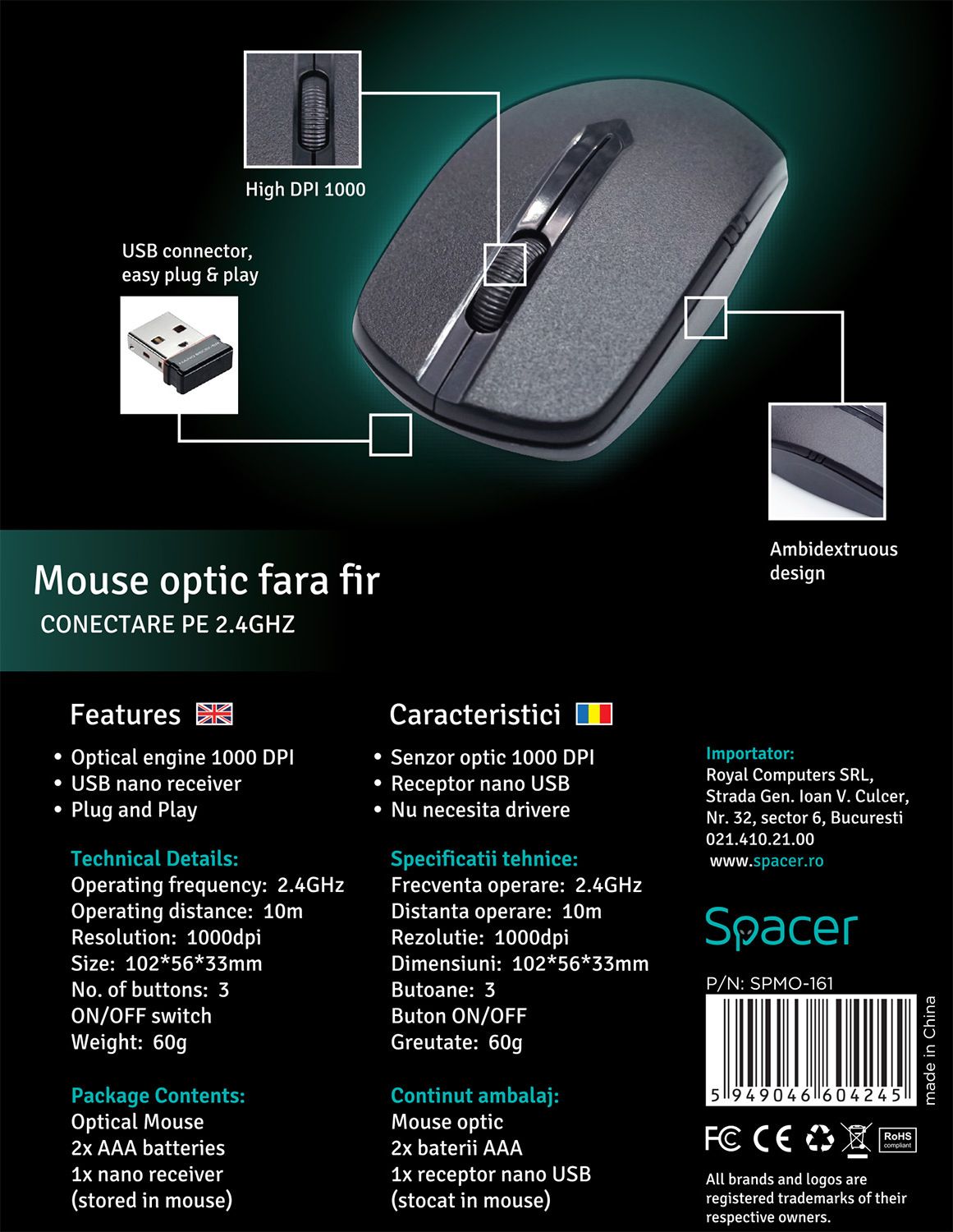 MOUSE  Spacer, PC sau NB, wireless, 2.4GHz, optic, 1000 dpi, butoane/scroll 3/1, , negru, 