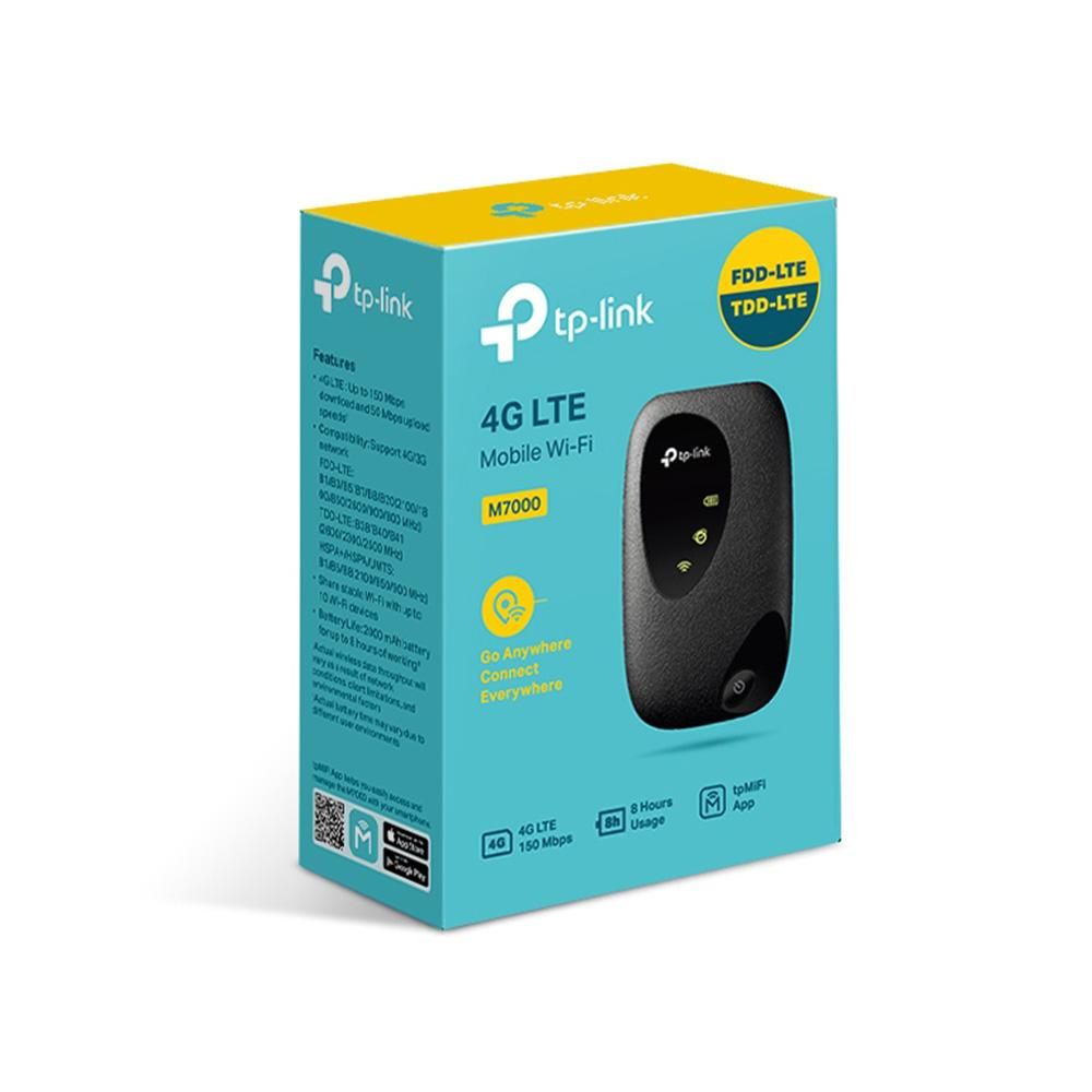 Router Wireless TP-Link M7000, 4G, port cartela SIM, 1xmicroUSB, 1xmicroSD, portabil, acumulator 2000mAh, 4G: FDD-LTE B1/B3/B5/B7/B8/B20 (2100/1800/850/2600/900/800 MHz) TDD-LTE B38/B40/B41 (2600/2300/2500 MHz) 3G: HSPA+/HSPA/UMTS: B1/B5/B8(2100/850/900 MHz, antena interna._1