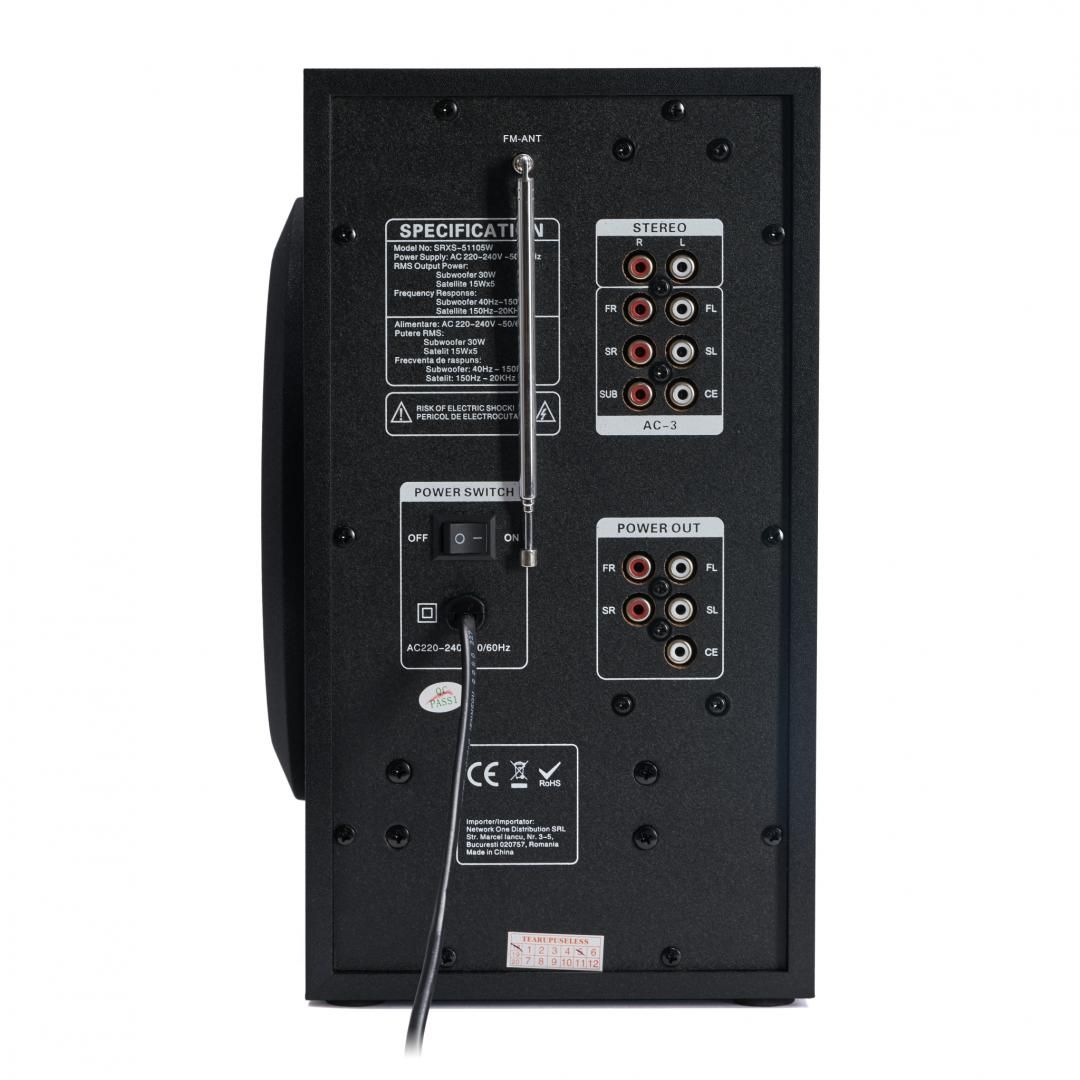 Boxe Serioux 5.1 SoundRise 51105W, putere totala 105W RMS, tip 5.1, sateliti 5 x 15W, subwoofer 30W, Conectivitate: Bluetooth, USB, AUX, SD, Radio FM, negre, SRXS-51105W_1
