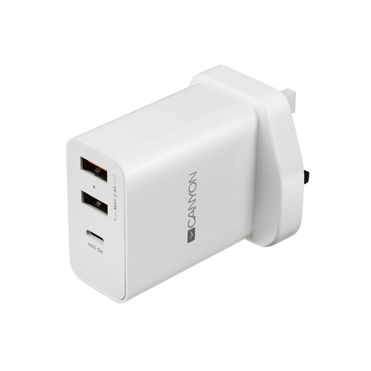 CANYON H-08 Universal 3xUSB AC charger (in wall) with over-voltage protection(1 USB-C with PD Quick Charger), Input 100V-240V, OutputUSB-A/5V-2.4A+USB-C/PD30W, with Smart IC, White Glossy Color+ orange plastic part of USB, 96.8*52.48*28.5mm, 0.092kg