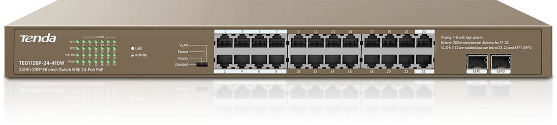 Tenda  | TEG1126P-24-410W|  Switch | POE | Rackmount | Porturi 24 Gigabit PoE , 2 Gigabit SFP|370 W | CCTV | Acoperire pana la 250m | Protectie fulger