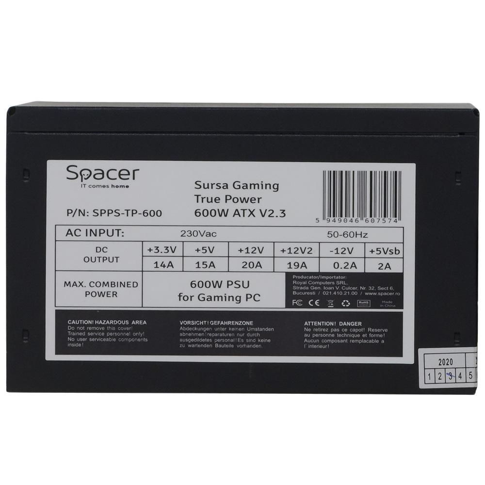 SURSA SPACER TP600 (600W for 600W GAMING PC), fan 120mm, 1x PCI-E (6), 5x S-ATA, 1x P8 (4+4), retail box, 