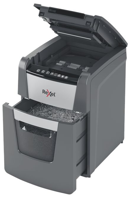 Distrugator automat documente Rexel OPTIMUM  90X ,  90 coli, P4, cross-cut (tip confeti), cos  34 litri, negru-gri, 