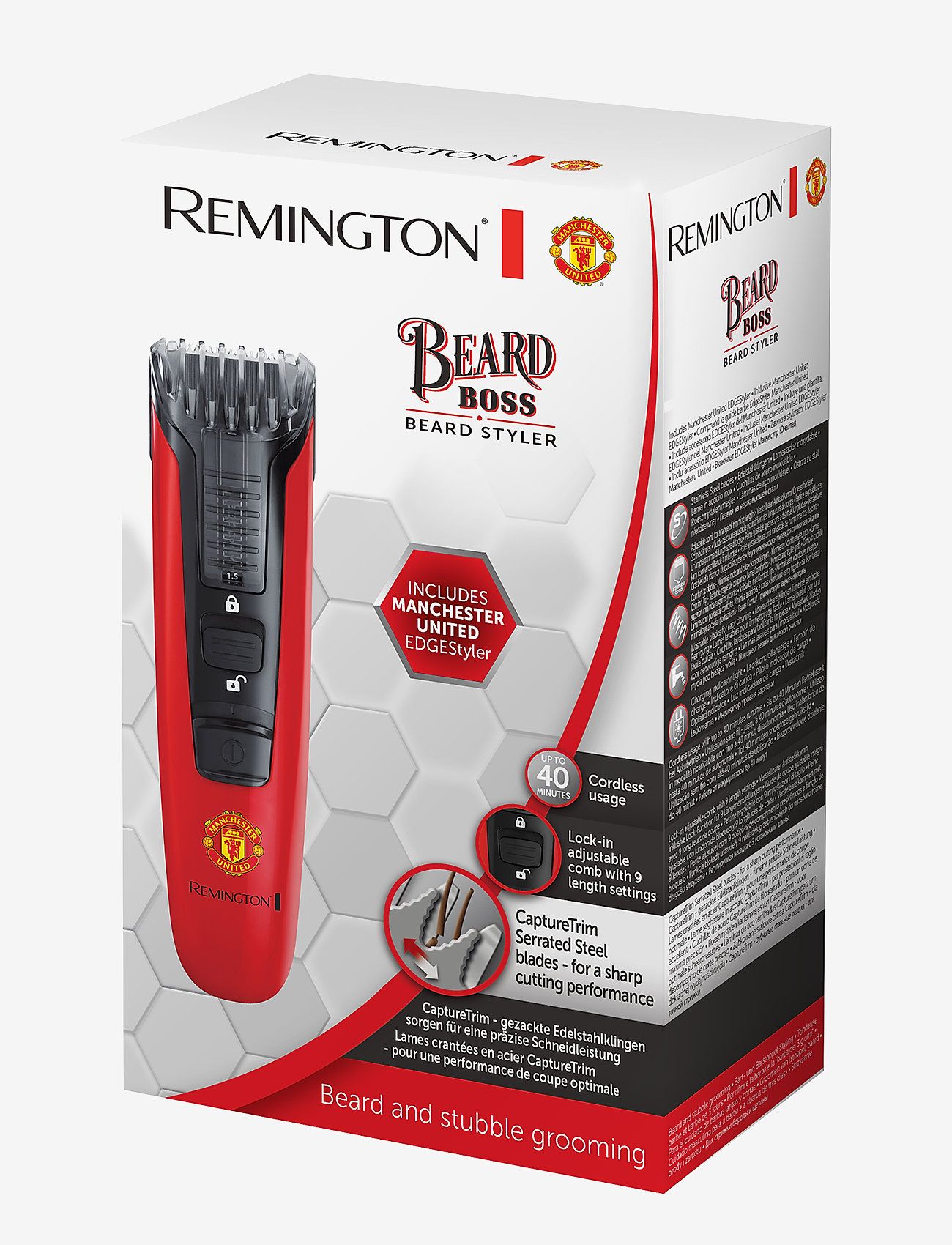 Aparat de tuns pentru barba/mustata MB4128 Manchester United Beard Boss Styler, Lame CaptureTrim, Lame lavabile, Indicator LED, Rosu/ Negru_1