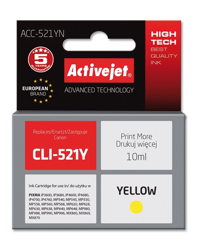 Activejet ACC-521YN ink for Canon printer; Canon CLI-521Y replacement; Supreme; 10 ml; yellow_1