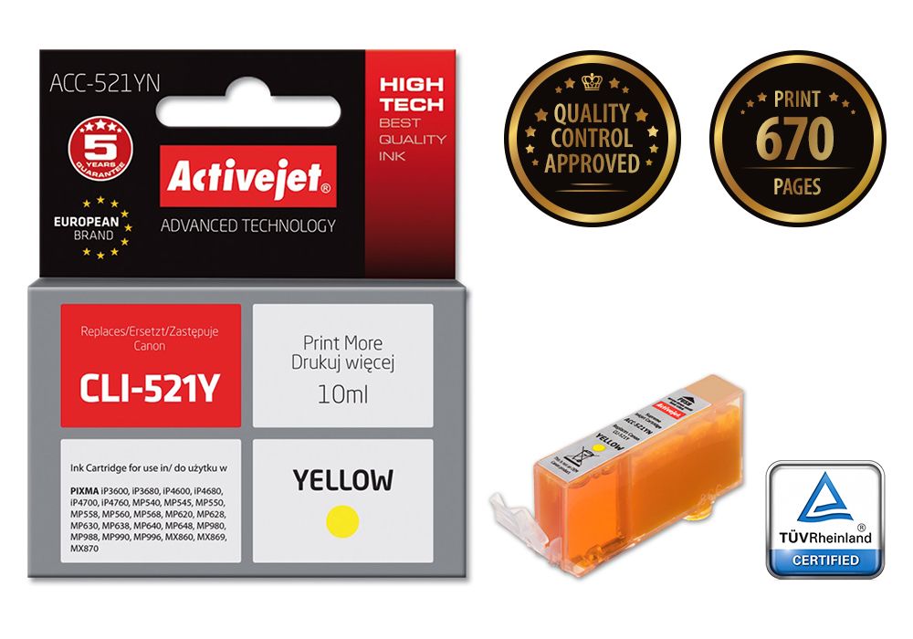 Activejet ACC-521YN ink for Canon printer; Canon CLI-521Y replacement; Supreme; 10 ml; yellow_2