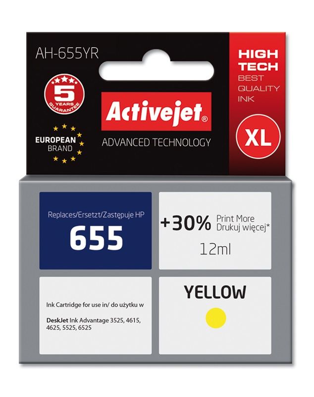 Activejet AH-655YR ink for HP printer; HP 655 CZ112AE replacement; Premium; 12 ml; yellow_1