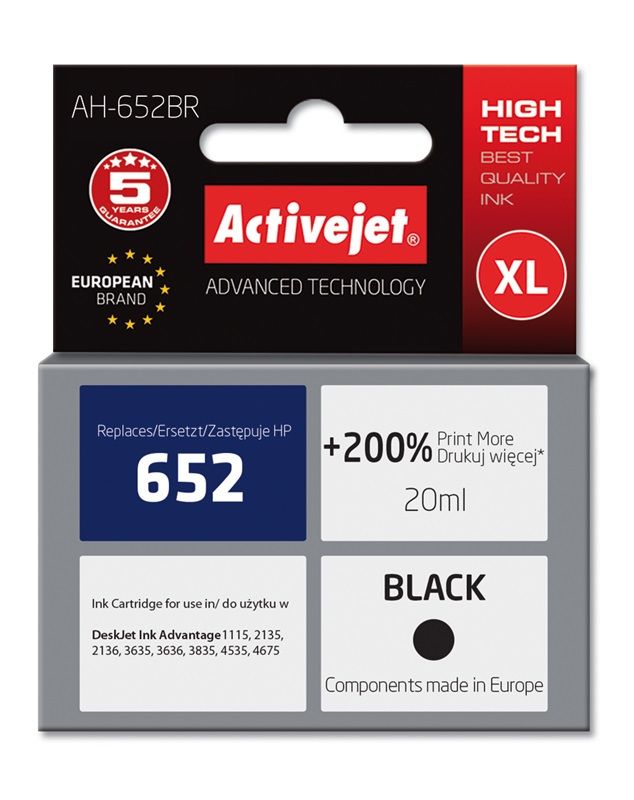 Activejet AH-652BR ink for HP printer; HP 652 F6V25AE replacement; Premium; 20 ml; black_1