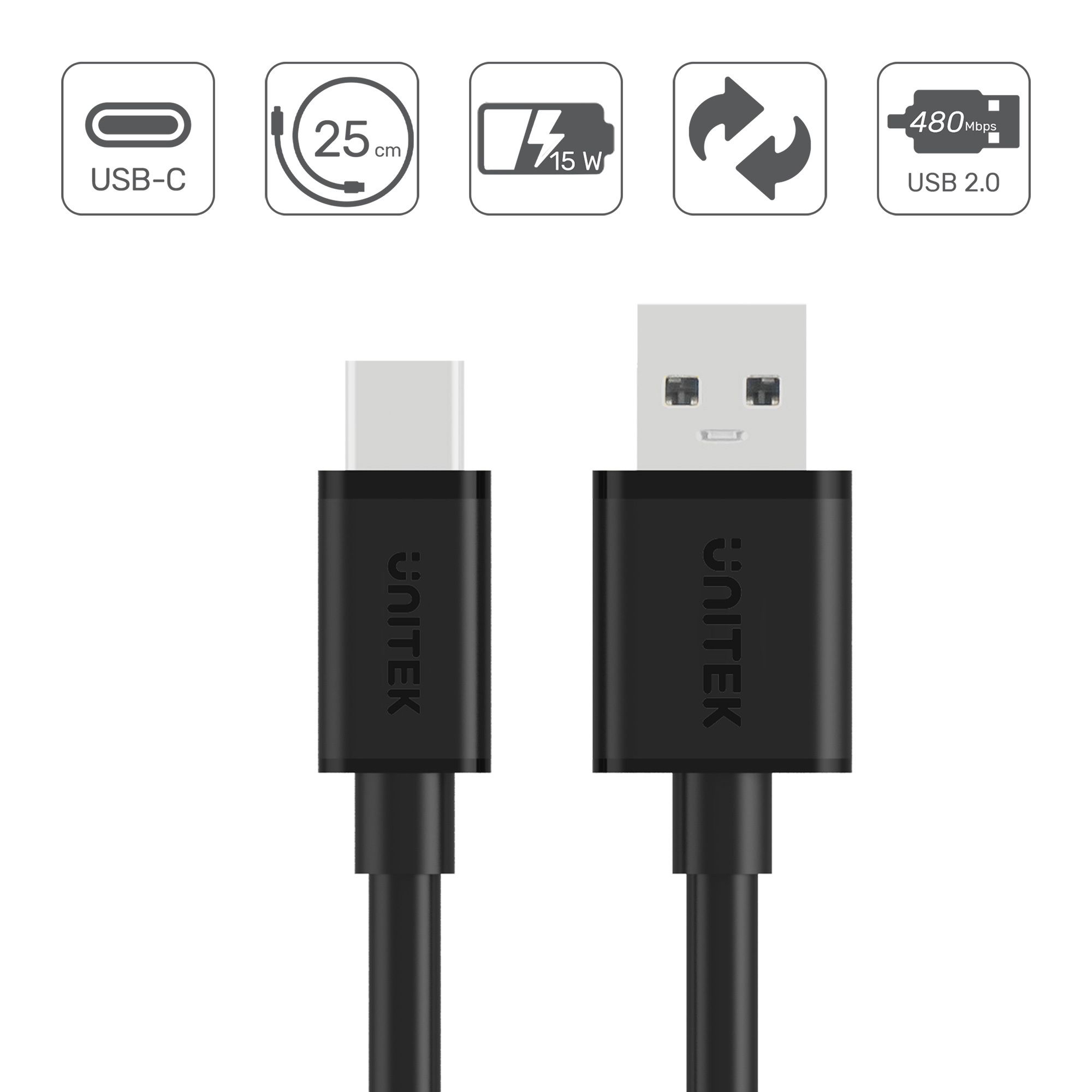 UNITEK USB CABLE USB-A — USB-C 25CM, Y-C480BK_4