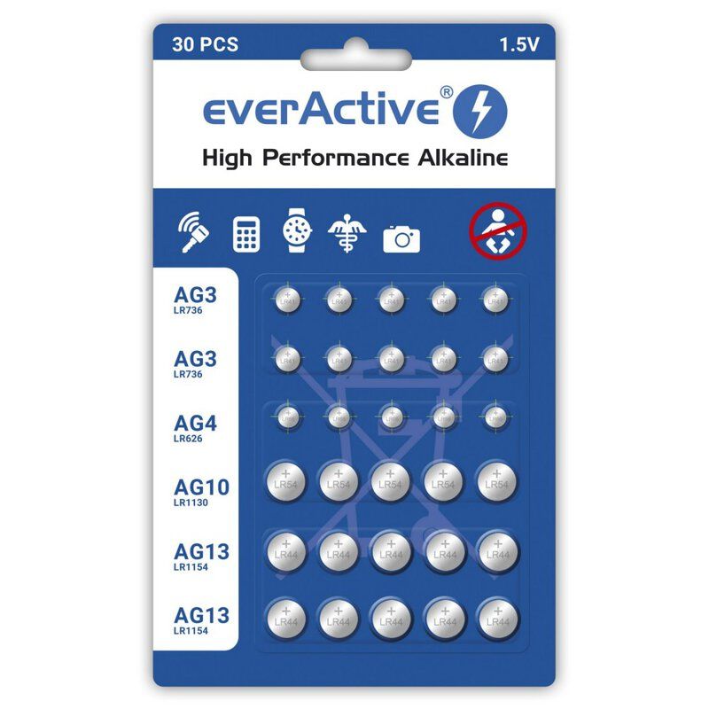 Mini alkaline battery Set everActive 10 x G3 / LR41, 5 x G4 / LR626, 5 x G10 / LR1130, 10 x G13 / LR1154_1