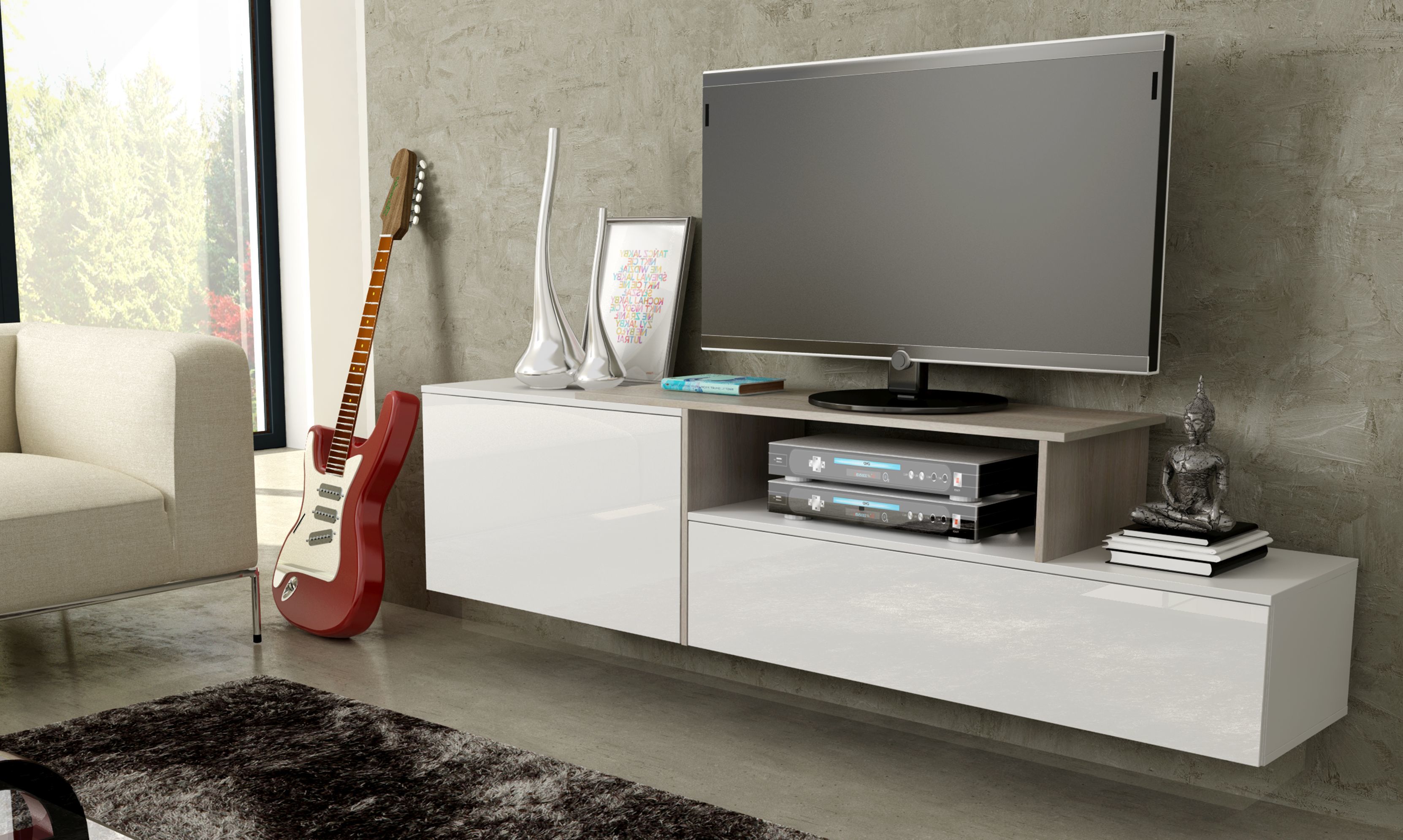 Cama TV cabinet SIGMA 3 180 white/white gloss + sonoma oak_1