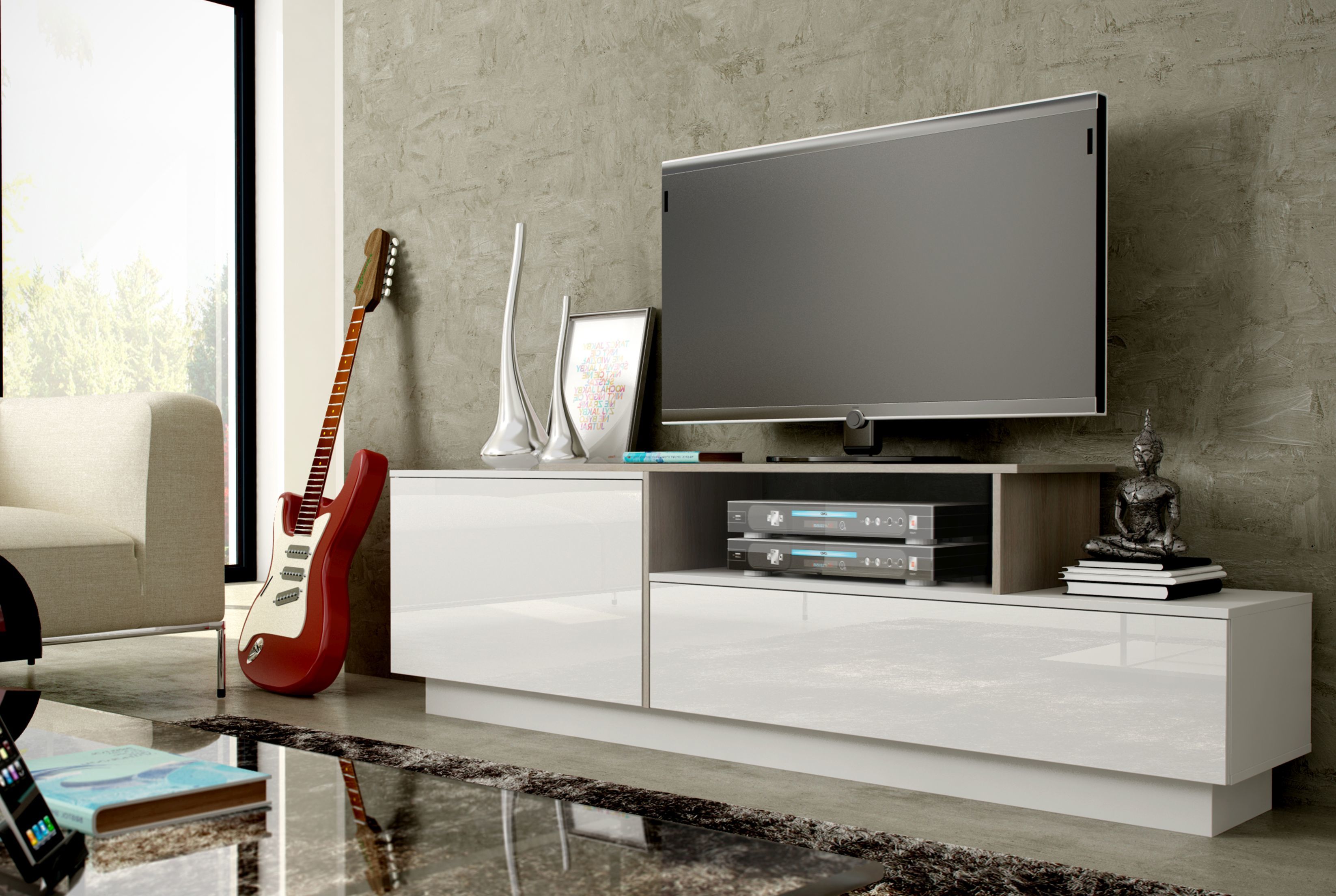 Cama TV cabinet SIGMA 3 180 white/white gloss + sonoma oak_2