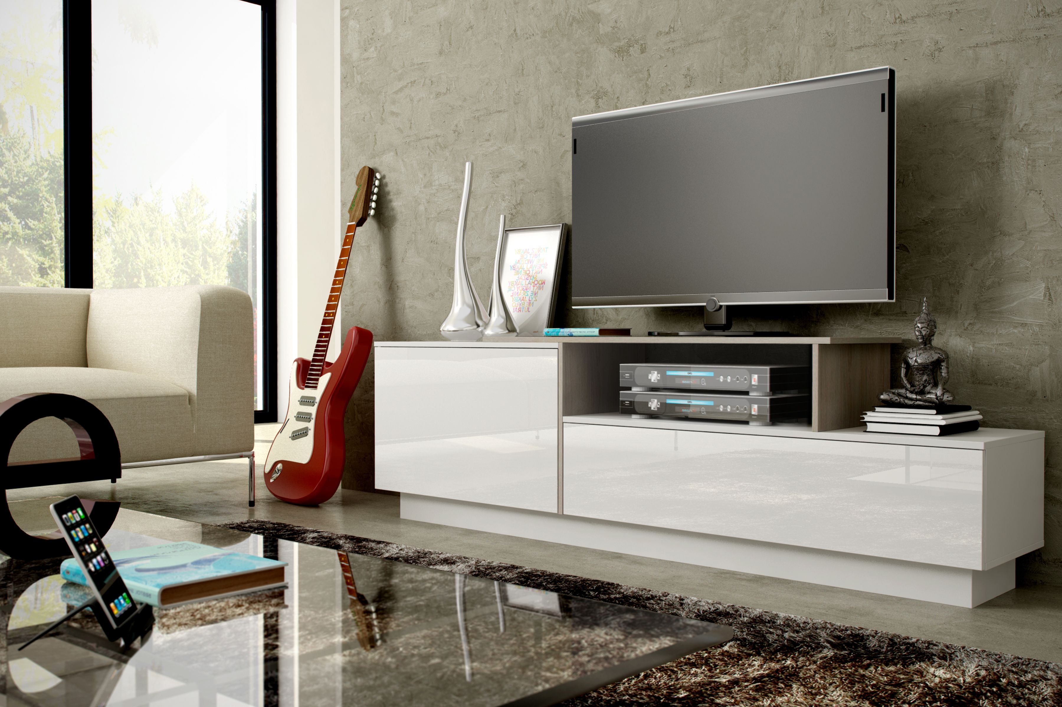 Cama TV cabinet SIGMA 3 180 white/white gloss + sonoma oak_3