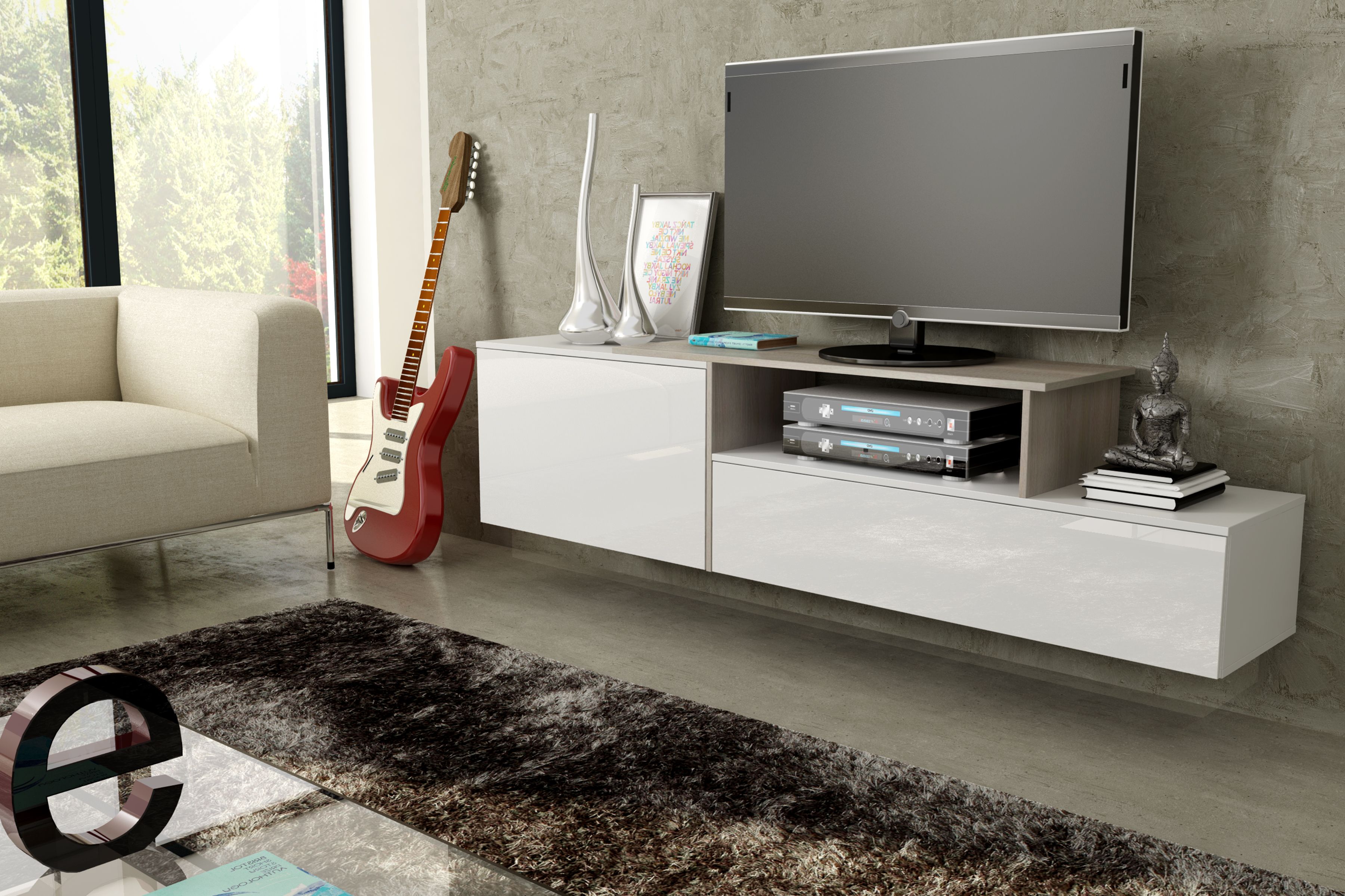 Cama TV cabinet SIGMA 3 180 white/white gloss + sonoma oak_4