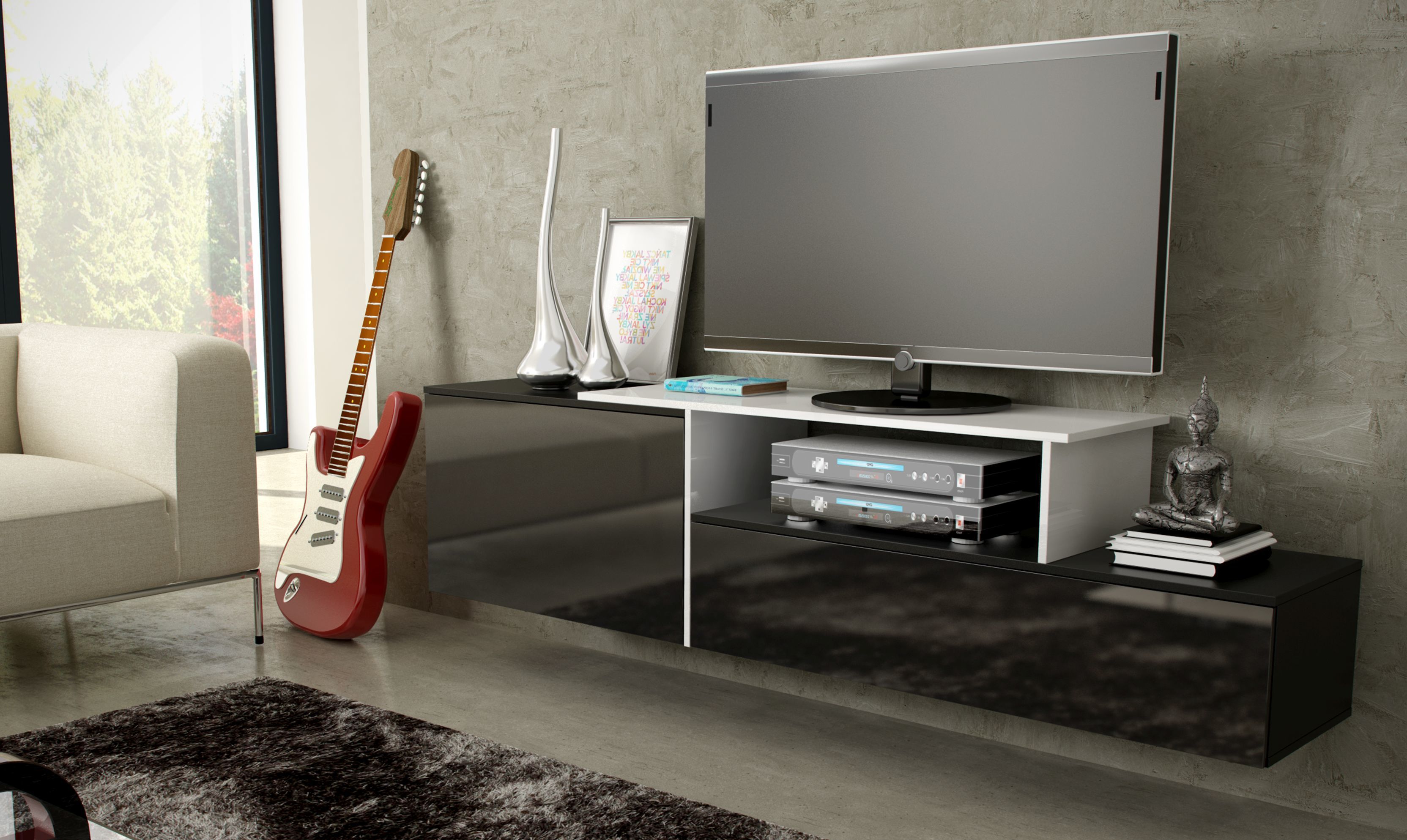 Cama TV cabinet SIGMA 3 180 black/black gloss + biały_1