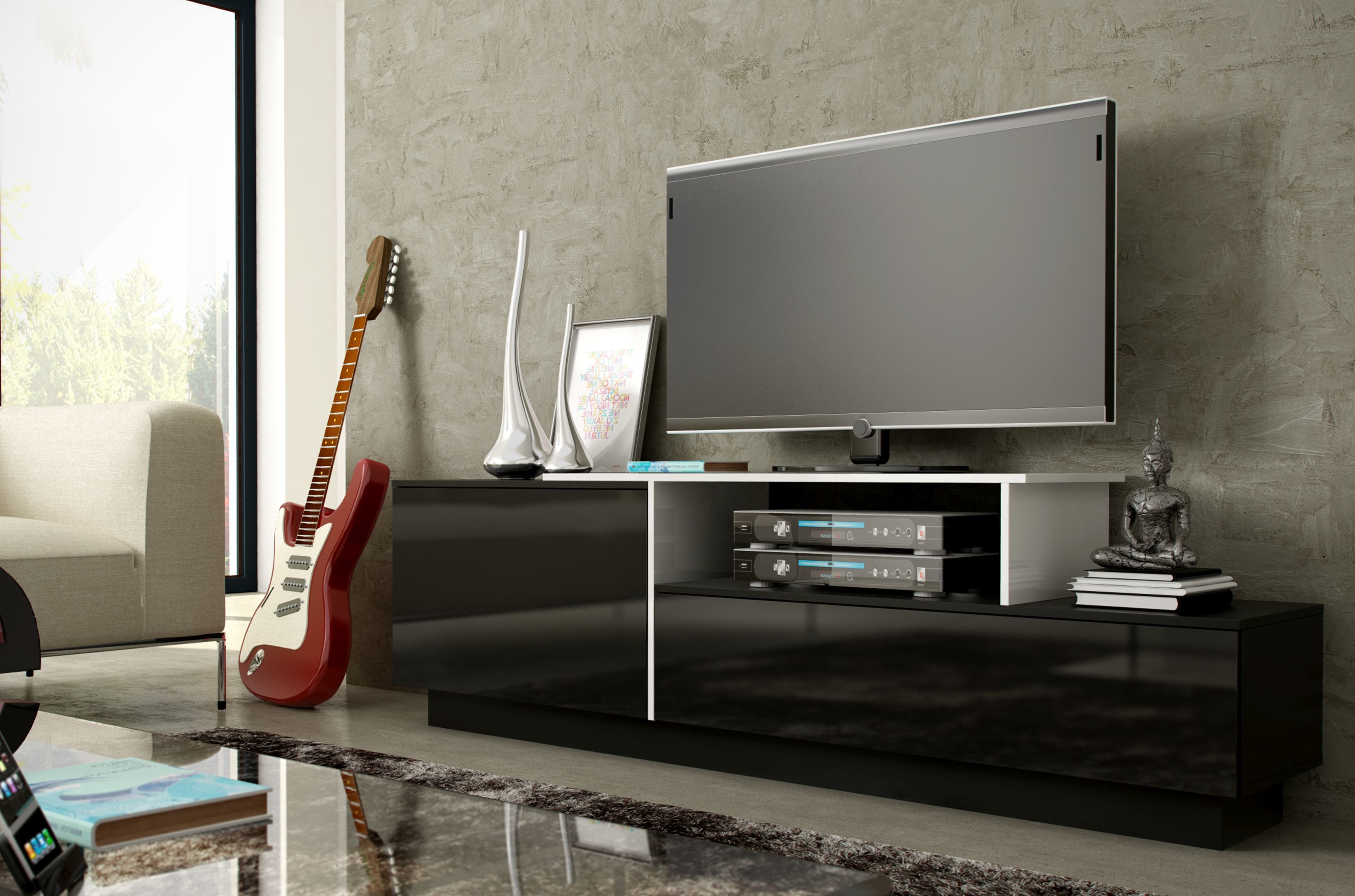 Cama TV cabinet SIGMA 3 180 black/black gloss + biały_2