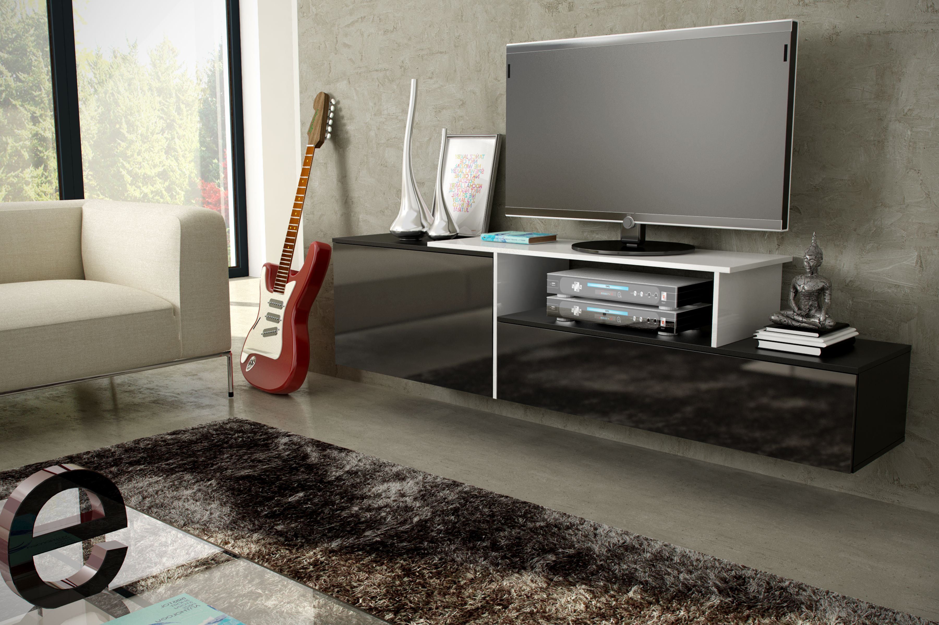 Cama TV cabinet SIGMA 3 180 black/black gloss + biały_3