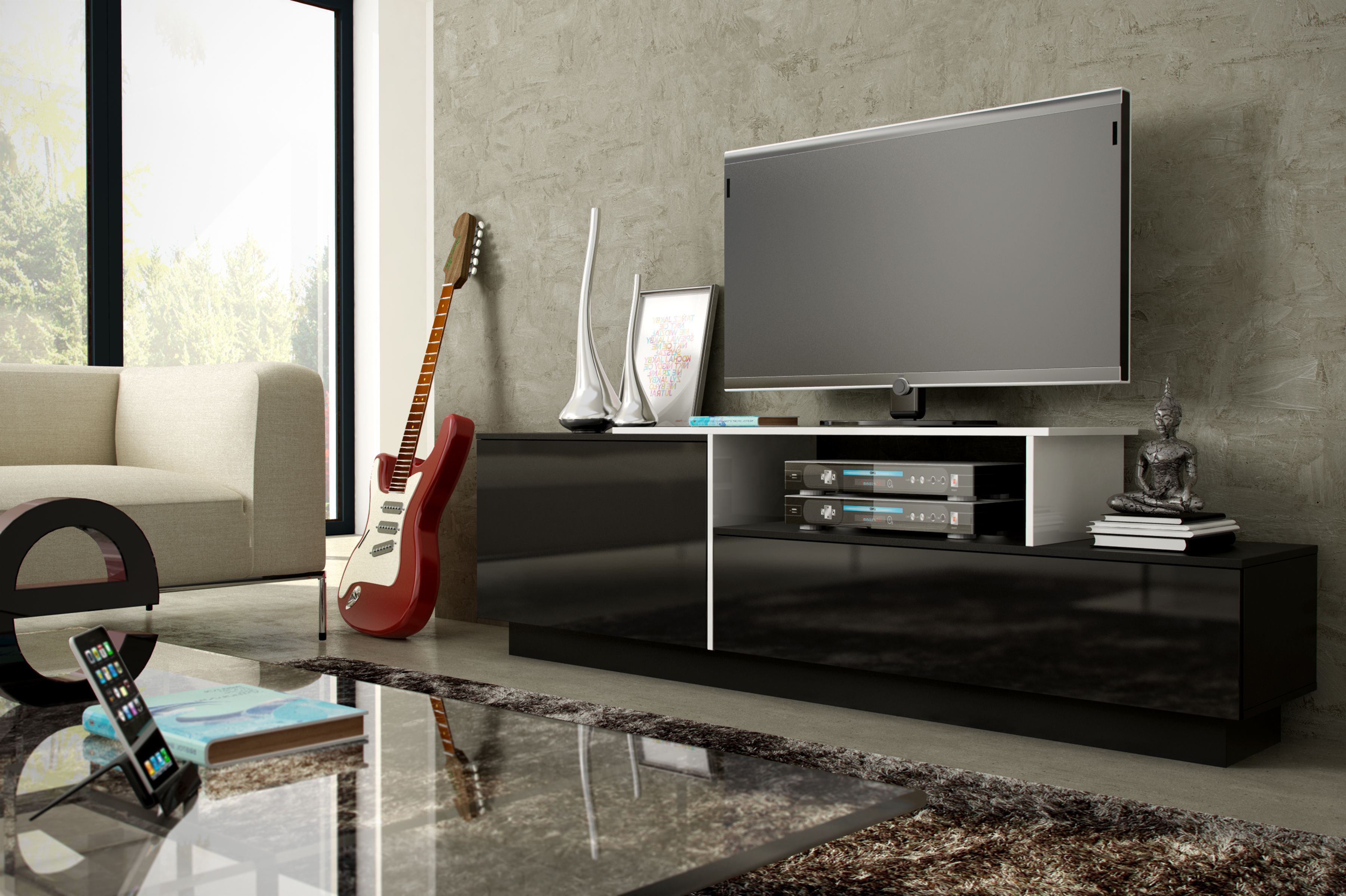 Cama TV cabinet SIGMA 3 180 black/black gloss + biały_4