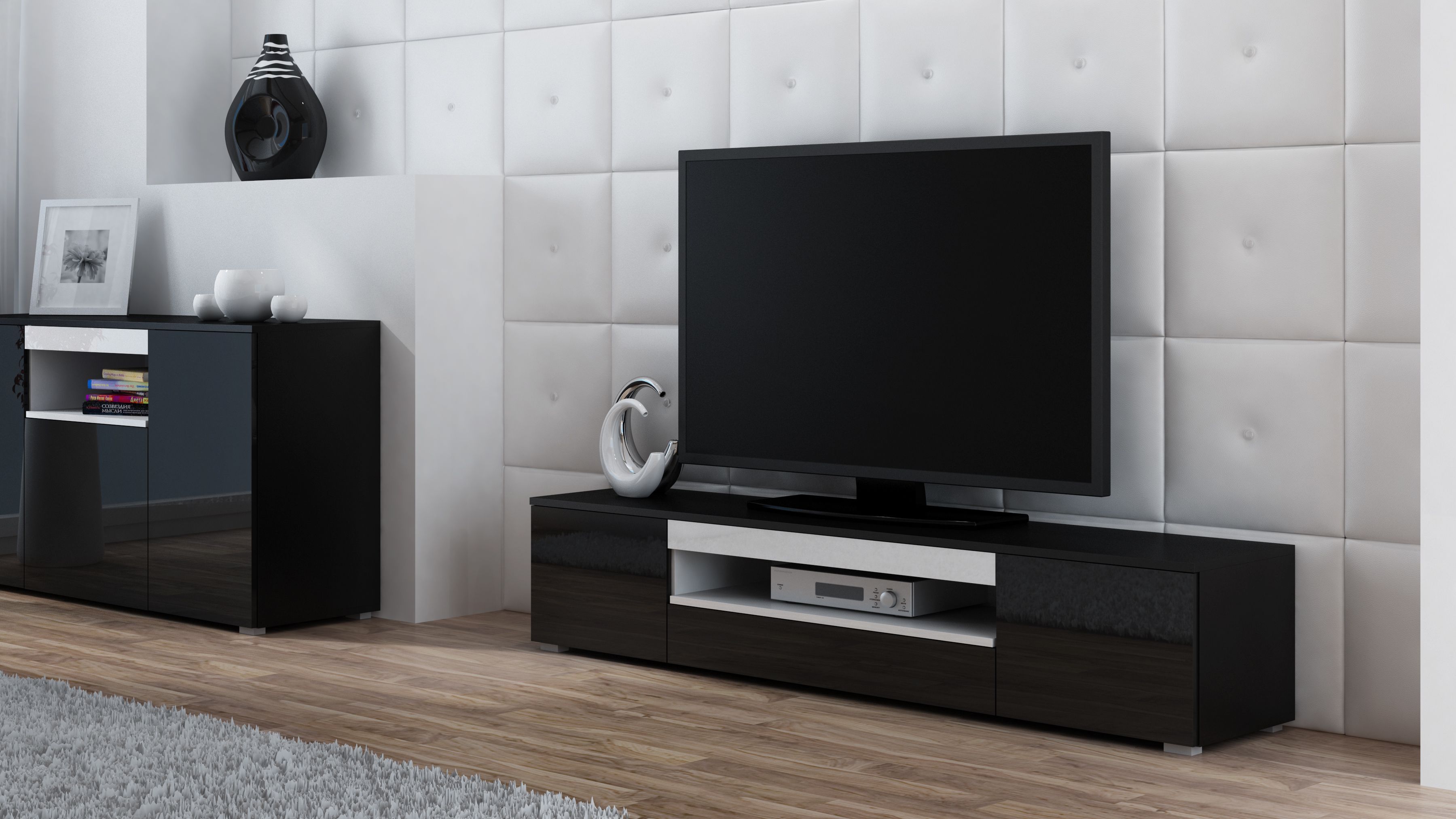 Cama TV stand VIVA 180 black/black gloss + white_1