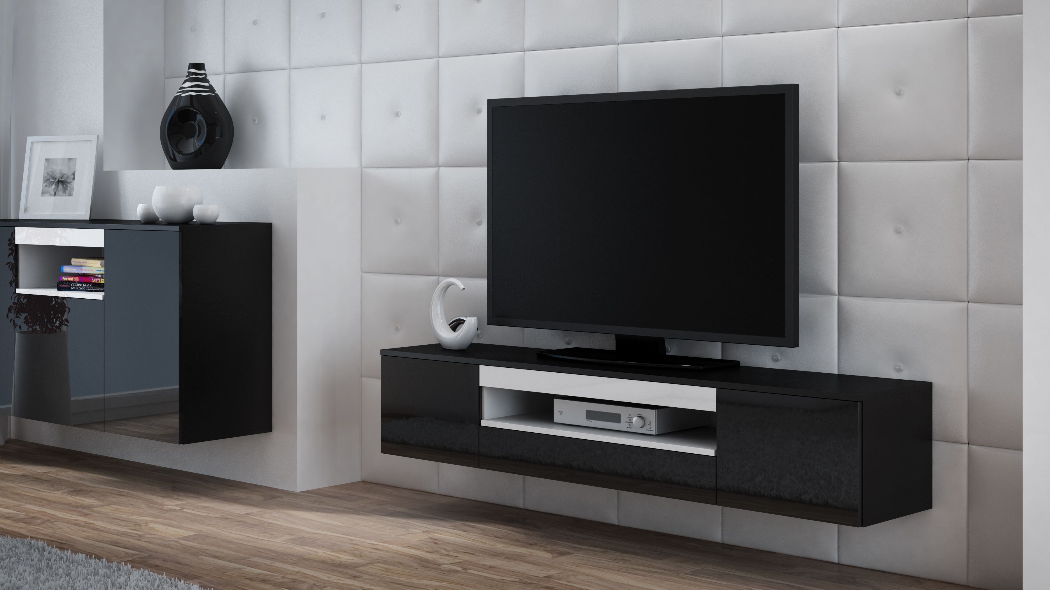 Cama TV stand VIVA 180 black/black gloss + white_2