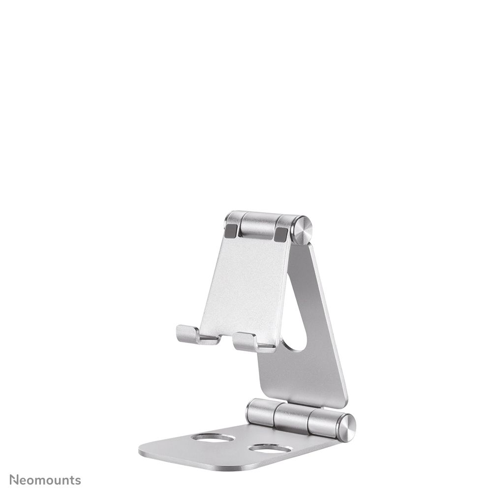 Neomounts by Newstar DS10-160SL1 Foldable phone stand - Silver  Specifications General Min. screen size*: 0 inch Max. screen size*: 7 inch Screens: 1 Desk mount: Stand  Functionality Type: Tilt Tilt (degrees): 270° Width: 7,6 cm Depth: 10,5 cm Height: 12,7 cm Height adjustment: Manual_2