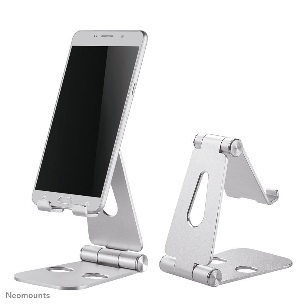Neomounts by Newstar DS10-160SL1 Foldable phone stand - Silver  Specifications General Min. screen size*: 0 inch Max. screen size*: 7 inch Screens: 1 Desk mount: Stand  Functionality Type: Tilt Tilt (degrees): 270° Width: 7,6 cm Depth: 10,5 cm Height: 12,7 cm Height adjustment: Manual_3