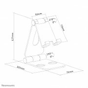 Neomounts by Newstar DS10-160SL1 Foldable phone stand - Silver  Specifications General Min. screen size*: 0 inch Max. screen size*: 7 inch Screens: 1 Desk mount: Stand  Functionality Type: Tilt Tilt (degrees): 270° Width: 7,6 cm Depth: 10,5 cm Height: 12,7 cm Height adjustment: Manual_10