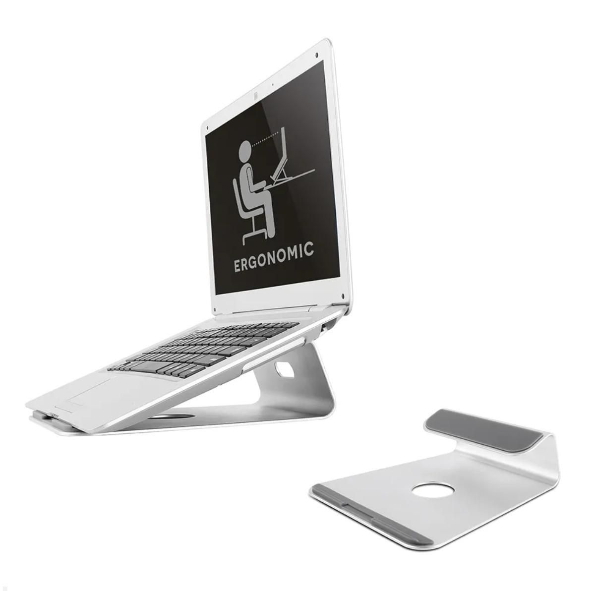Neomounts by Newstar Raised Aluminium Laptop Stand  Specifications General Min. screen size*: 10 inch Max. screen size*: 17 inch Min. weight: 0 kg Max. weight: 5 kg Desk mount: Stand  Functionality Type: Fixed Tilt (degrees): 22° Width: 21 cm Depth: 24 cm Height: 6,8 cm Height adjustment: None_1