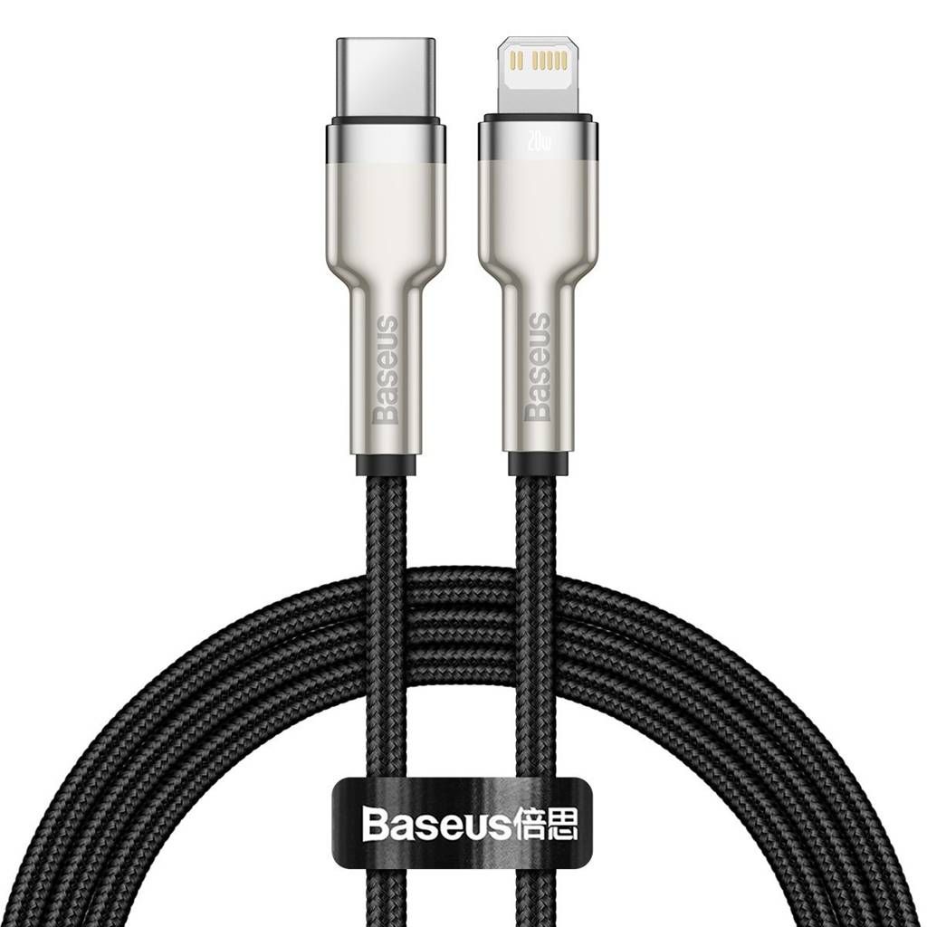 CABLU alimentare si date Baseus Cafule Metal, Fast Charging Data Cable pt. smartphone, USB Type-C la Lightning Iphone PD 20W, brodat, 1m, negru 