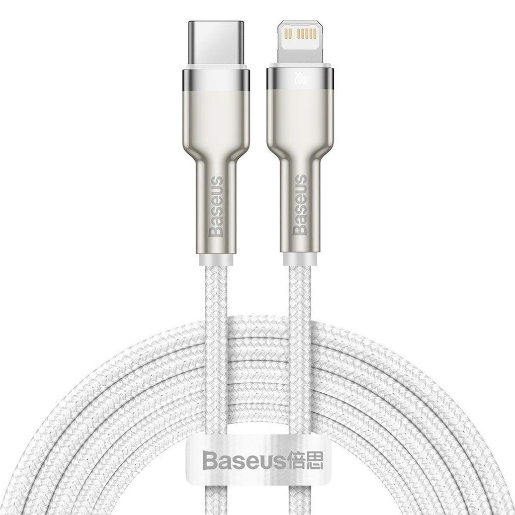 CABLU alimentare si date Baseus Cafule Metal, Fast Charging Data Cable pt. smartphone, USB Type-C la Lightning Iphone PD 20W, brodat, 2m, alb 