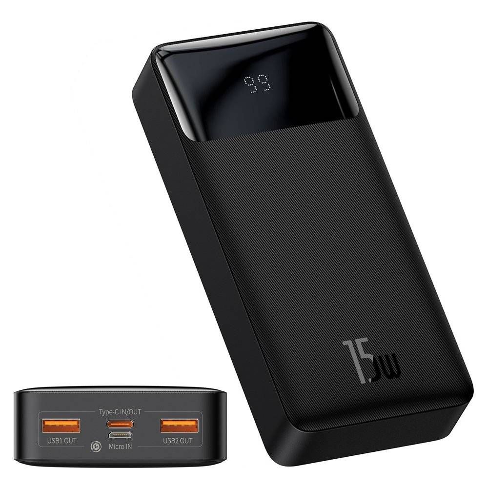 POWER BANK Baseus Bipow Digital Display, 20000mAh, PD 15W, 2 x USB; 1 x USB Type-C, 1 x Micro USB digital display pt. status baterie, total 3A, black, 