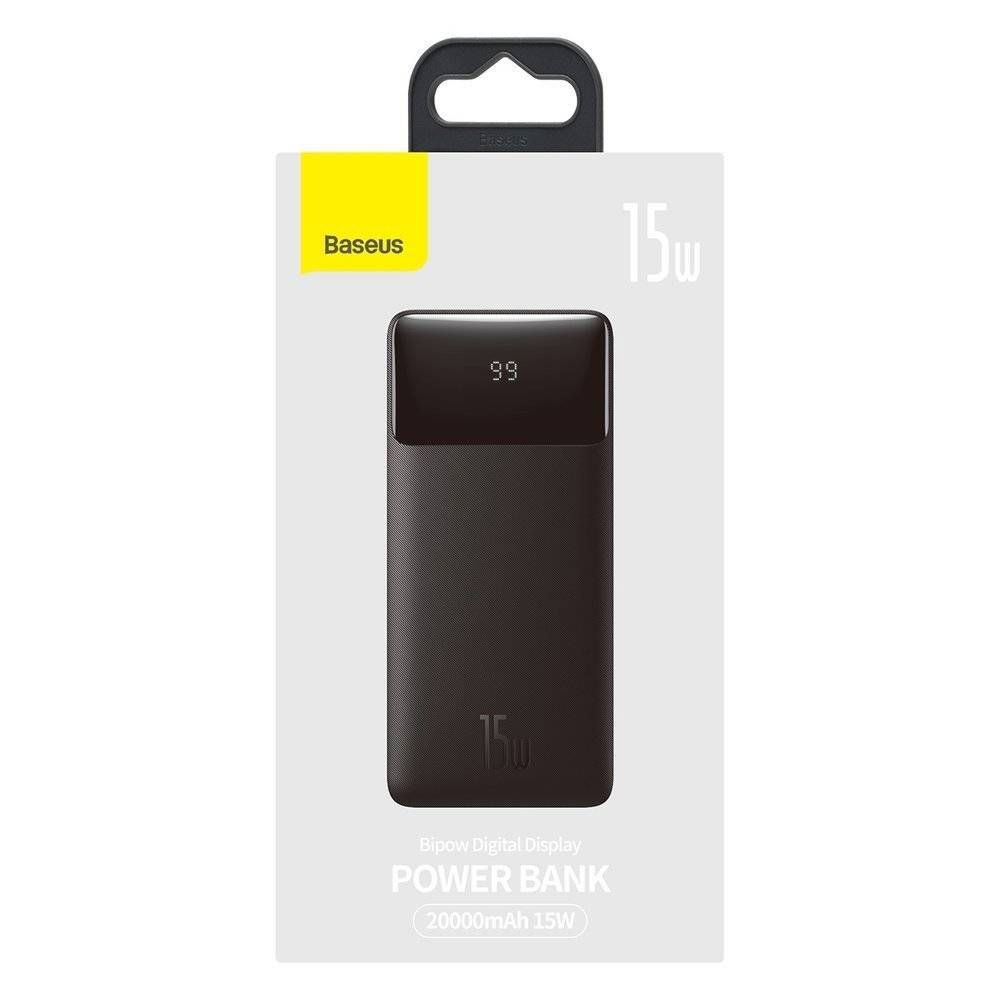POWER BANK Baseus Bipow Digital Display, 20000mAh, PD 15W, 2 x USB; 1 x USB Type-C, 1 x Micro USB digital display pt. status baterie, total 3A, black, 
