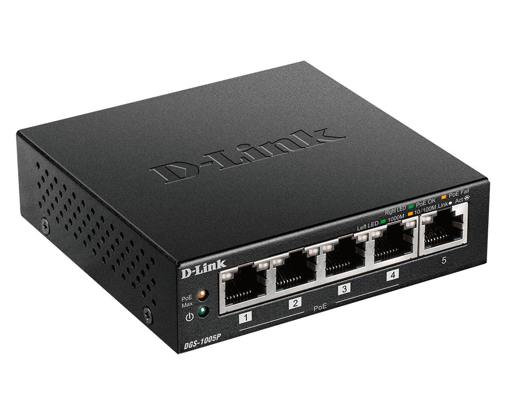 SWITCH D-LINK  5 porturi Gigabit, 4 porturi POE, carcasa metal.  DGS-1005P (include timbru verde 1.5 lei)