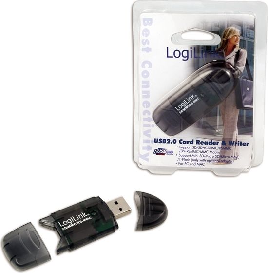 CARD READER extern LOGILINK, interfata USB 2.0, citeste/scrie: SD, MMC, RS-MMC; plastic, negru-transparent 