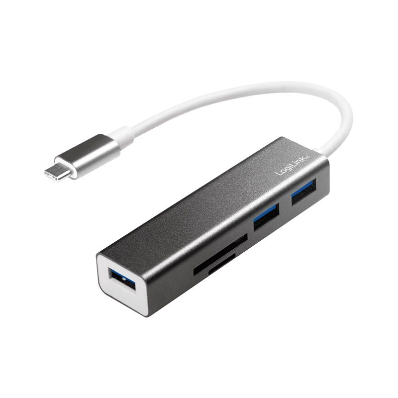 HUB extern LOGILINK, porturi USB: USB 3.0 x 3, conectare prin USB 3.2 Type C, cablu 0.1 m, alte porturi: SD, MicroSD, negru, 
