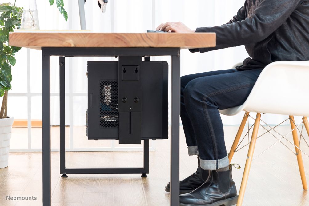 Neomounts by Newstar Select Swivel Under Desk & On-Wall PC Mount (Suitable PC Dimensions -Height: 30-53 cm / Width: 9-20 cm) - Black  Specifications General Min. weight: 0 kg Max. weight: 10 kg  Functionality Type: Swivel Swivel (degrees): 360° Width: 9 - 20 cm Height: 30 - 53 cm Height adjustment_6