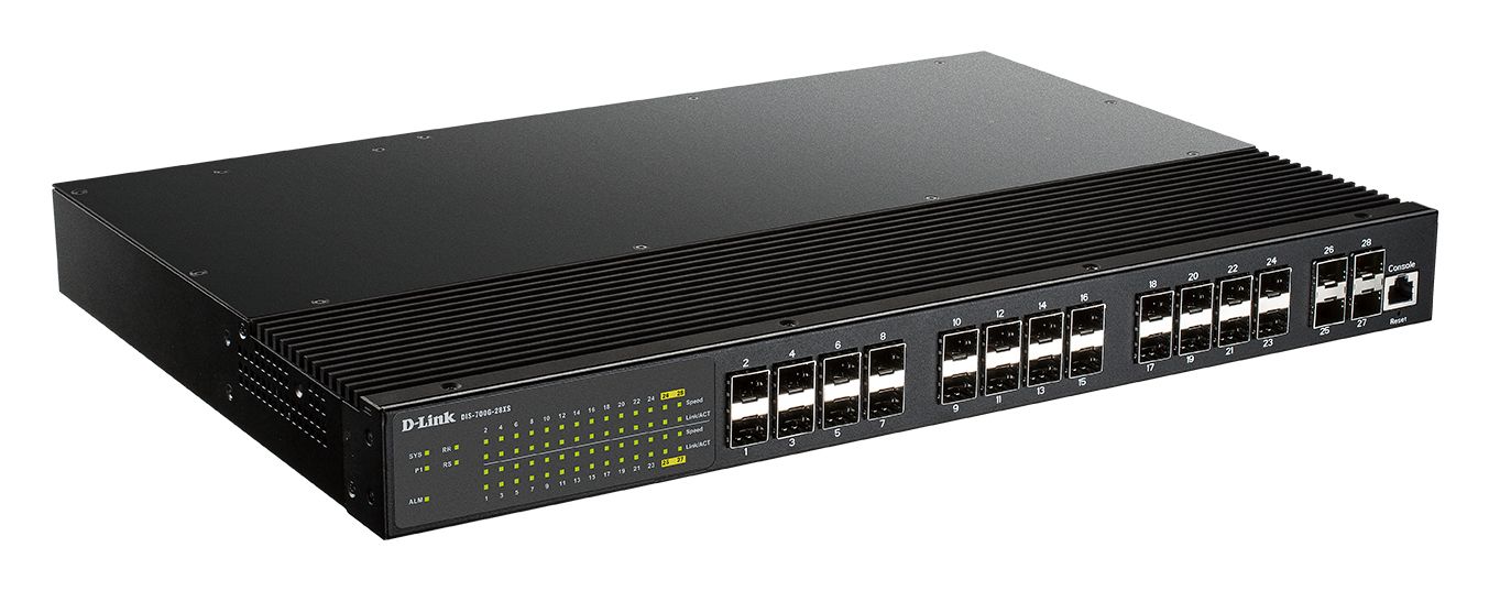 Switch D-Link DIS-700G-28XS; - 24 Ports SFP Plus 4 Port 10G SFP+ with Dual DC input - Industrial Layer 2+ Gigabit Managed Switch - 24 x SFP Auto-Negotiating Ports - 4 x SFP+ uplink slots - Dual power input (12~58 VDC) and Reverse power protection - Power Consumption: 35W - Single and Multiple rings_1