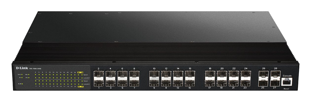 Switch D-Link DIS-700G-28XS; - 24 Ports SFP Plus 4 Port 10G SFP+ with Dual DC input - Industrial Layer 2+ Gigabit Managed Switch - 24 x SFP Auto-Negotiating Ports - 4 x SFP+ uplink slots - Dual power input (12~58 VDC) and Reverse power protection - Power Consumption: 35W - Single and Multiple rings_2