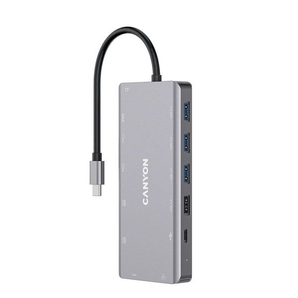 CANYON 13 in 1 USB C hub, with 2*HDMI, 3*USB3.0: support max. 5Gbps, 1*USB2.0: support max. 480Mbps, 1*PD: support max 100W PD, 1*VGA,1* Type C data, 1*Glgabit Ethernet, 1*3.5mm audio jack, cable 15cm, Aluminum alloy housing,130*57.5*15 mm,DarK gray_1