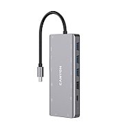 CANYON 13 in 1 USB C hub, with 2*HDMI, 3*USB3.0: support max. 5Gbps, 1*USB2.0: support max. 480Mbps, 1*PD: support max 100W PD, 1*VGA,1* Type C data, 1*Glgabit Ethernet, 1*3.5mm audio jack, cable 15cm, Aluminum alloy housing,130*57.5*15 mm,DarK gray_1