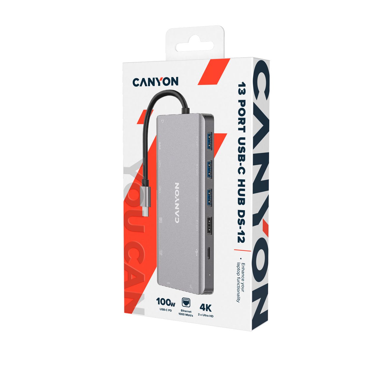 CANYON 13 in 1 USB C hub, with 2*HDMI, 3*USB3.0: support max. 5Gbps, 1*USB2.0: support max. 480Mbps, 1*PD: support max 100W PD, 1*VGA,1* Type C data, 1*Glgabit Ethernet, 1*3.5mm audio jack, cable 15cm, Aluminum alloy housing,130*57.5*15 mm,DarK gray_2