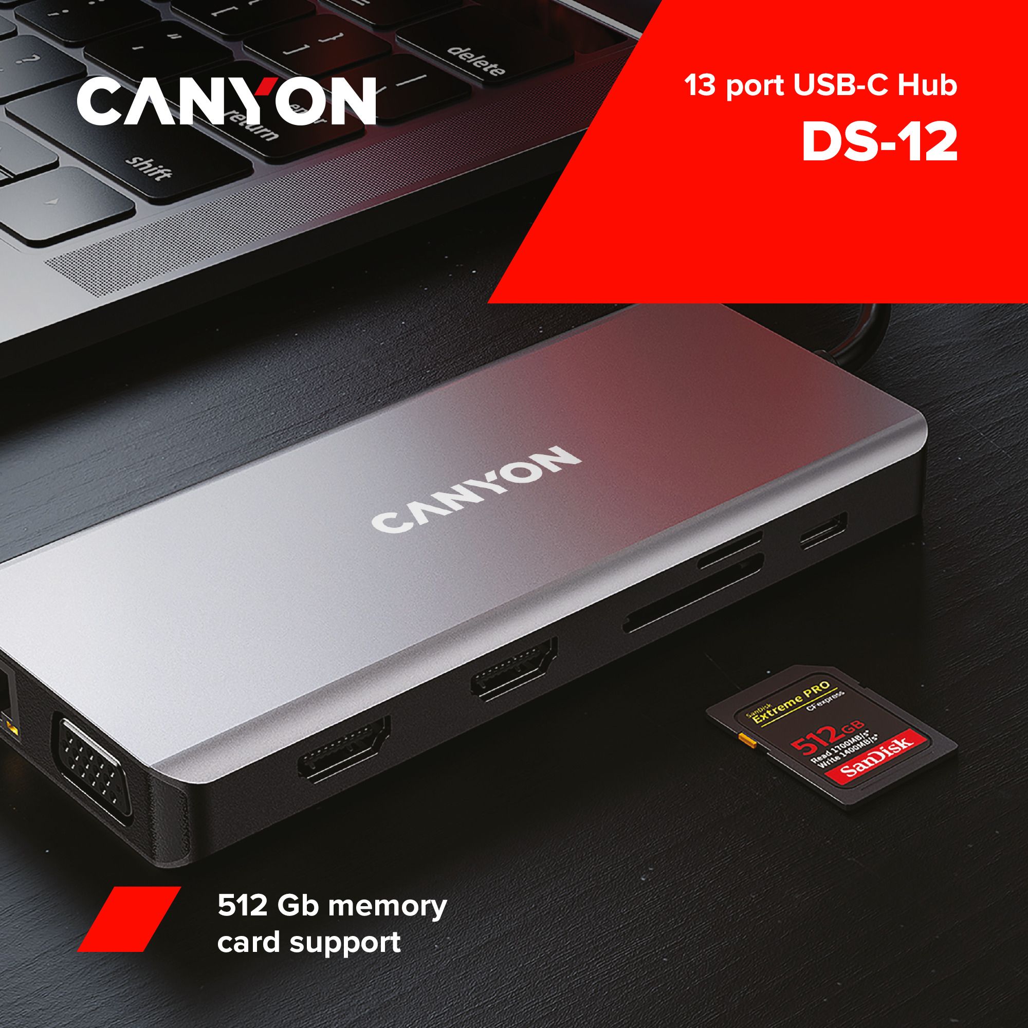 CANYON 13 in 1 USB C hub, with 2*HDMI, 3*USB3.0: support max. 5Gbps, 1*USB2.0: support max. 480Mbps, 1*PD: support max 100W PD, 1*VGA,1* Type C data, 1*Glgabit Ethernet, 1*3.5mm audio jack, cable 15cm, Aluminum alloy housing,130*57.5*15 mm,DarK gray_3