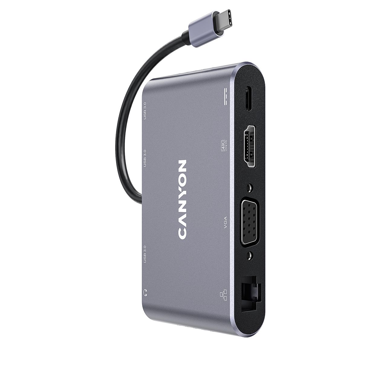 CANYON  8 in 1 USB C hub, with 1*HDMI: 4K*30Hz, 1*VGA, 1*Type-C PD charging port, Max 100W PD input. 3*USB3.0,transfer speed up to 5Gbps. 1*Glgabit Ethernet, 1*3.5mm audio jack, cable 15cm, Aluminum alloy housing,95*55*17.6 mm, 107g, Dark grey_1