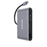 CANYON  8 in 1 USB C hub, with 1*HDMI: 4K*30Hz, 1*VGA, 1*Type-C PD charging port, Max 100W PD input. 3*USB3.0,transfer speed up to 5Gbps. 1*Glgabit Ethernet, 1*3.5mm audio jack, cable 15cm, Aluminum alloy housing,95*55*17.6 mm, 107g, Dark grey_1
